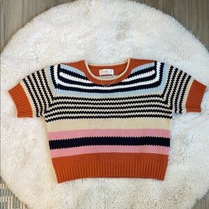 Striped Short-Sleeve Crewneck Sweater in Rust, Pink, Navy